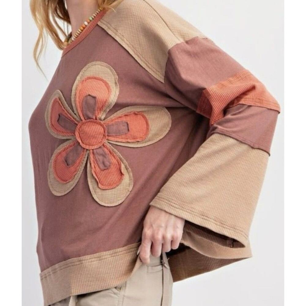 Easel Oversized Colorblock Waffle Knit Top Floral Patchwork Brown Beige Small